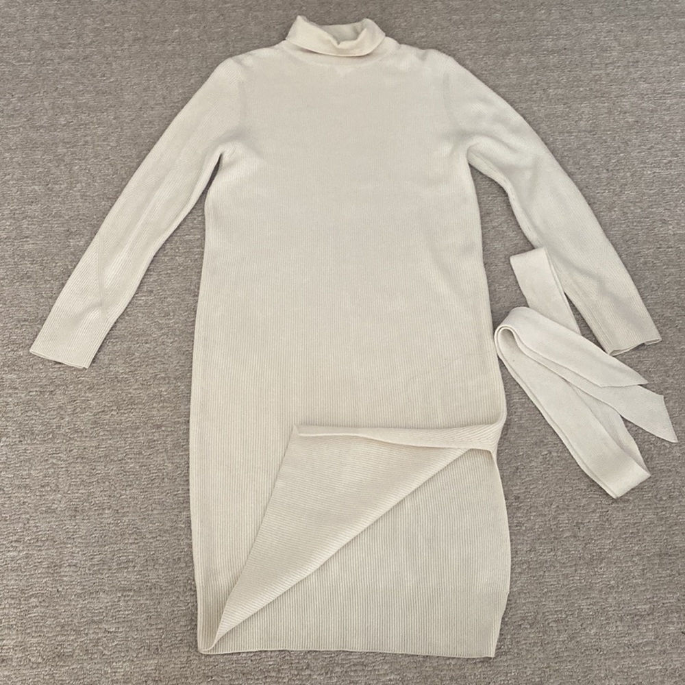 All Saints Roza Cashmere Wool Turtleneck Sweater Ribbed Midi Dress Cream White - Picture 7 of 11